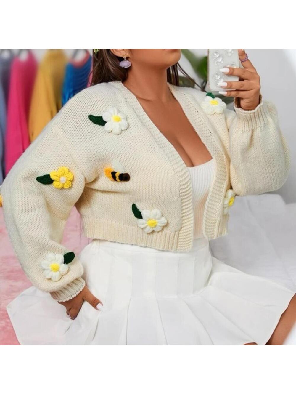 Joress Curve Cropped Flower Sweater 2XL